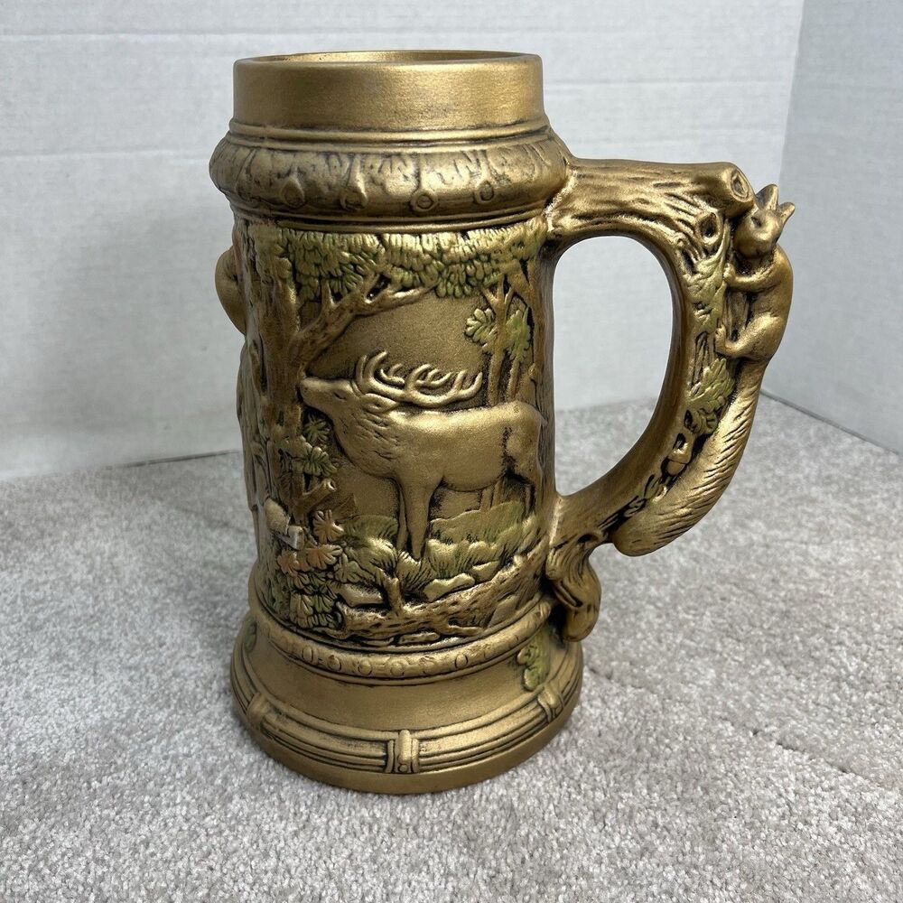 Large 10" tall Ceramic Beer Mug Stein Deer Man & Squirrel  Barware 1976 Man Cave